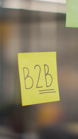 Vertical-Video-Close-Up-Of-Woman-Putting-Sticky-Note-With-B2B-Written-On-It-Onto-Transparent-Screen-In-Office-